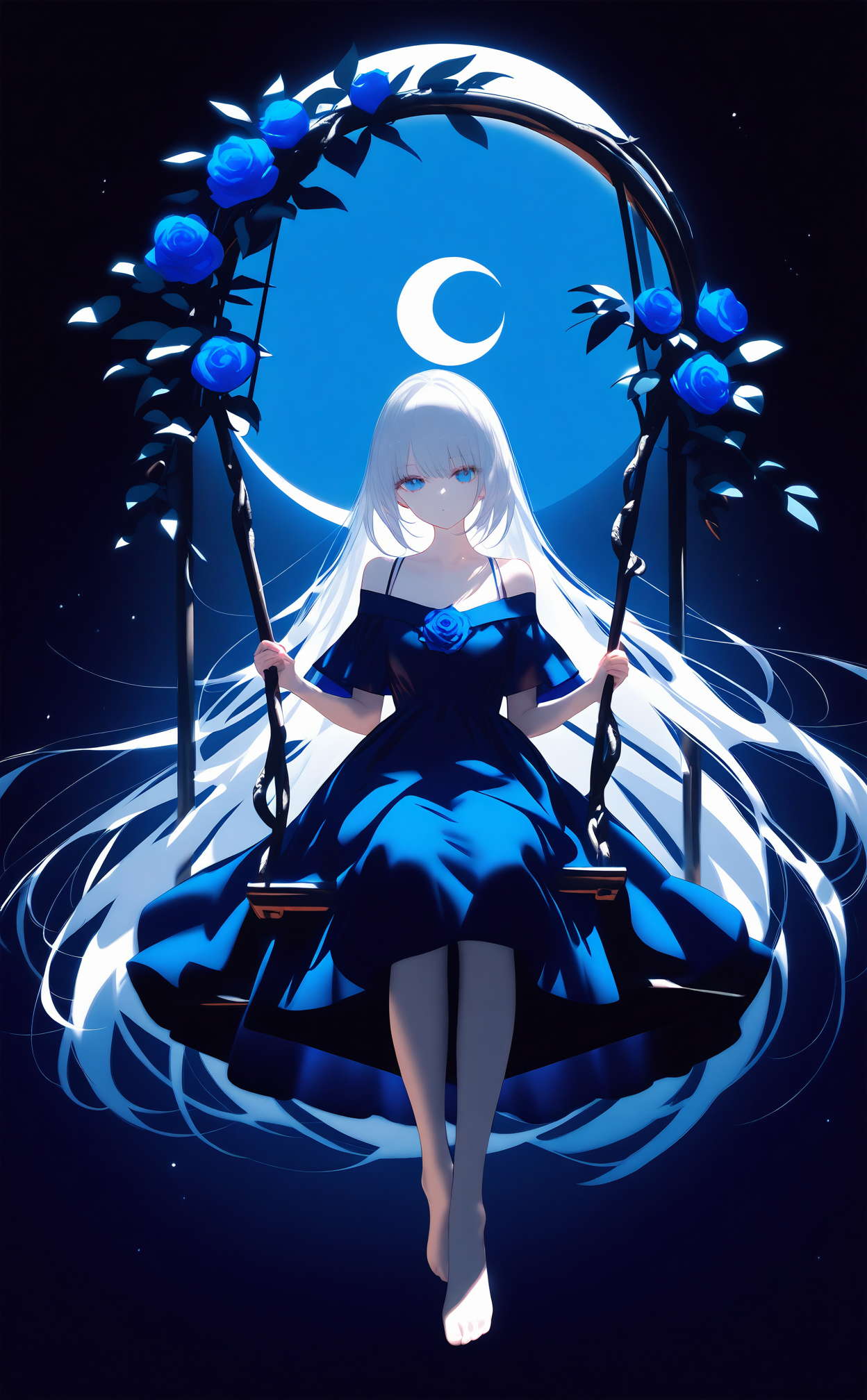05546-1511043080-masterpiece,best quality,high quality,1girl,swing,dress,solo,flower,blue eyes,blue flower,long hair,blue dress,barefoot,sitting,.png